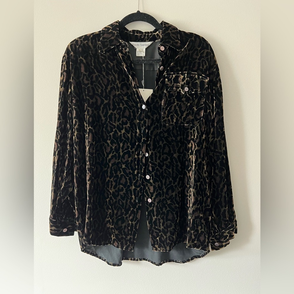 Vintage 1980s Paolo Santini Silk Leopard Print Button Down Blouse Size 12 NWT